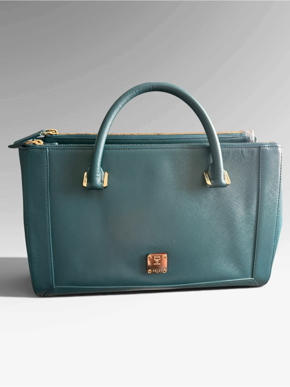 Pre-owned MCM Teal Saffiano Leather Satchel with Gold Hardware
